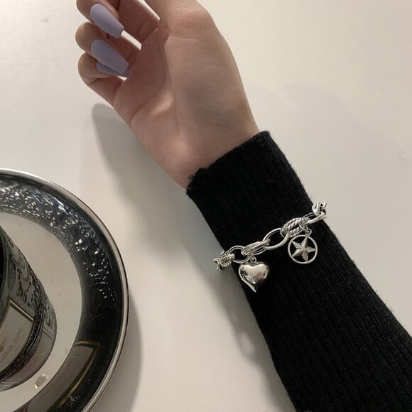 NEW 925 Sterling Silver Heart Star chunky Link Chain Bracelet - Picture 4 of 6